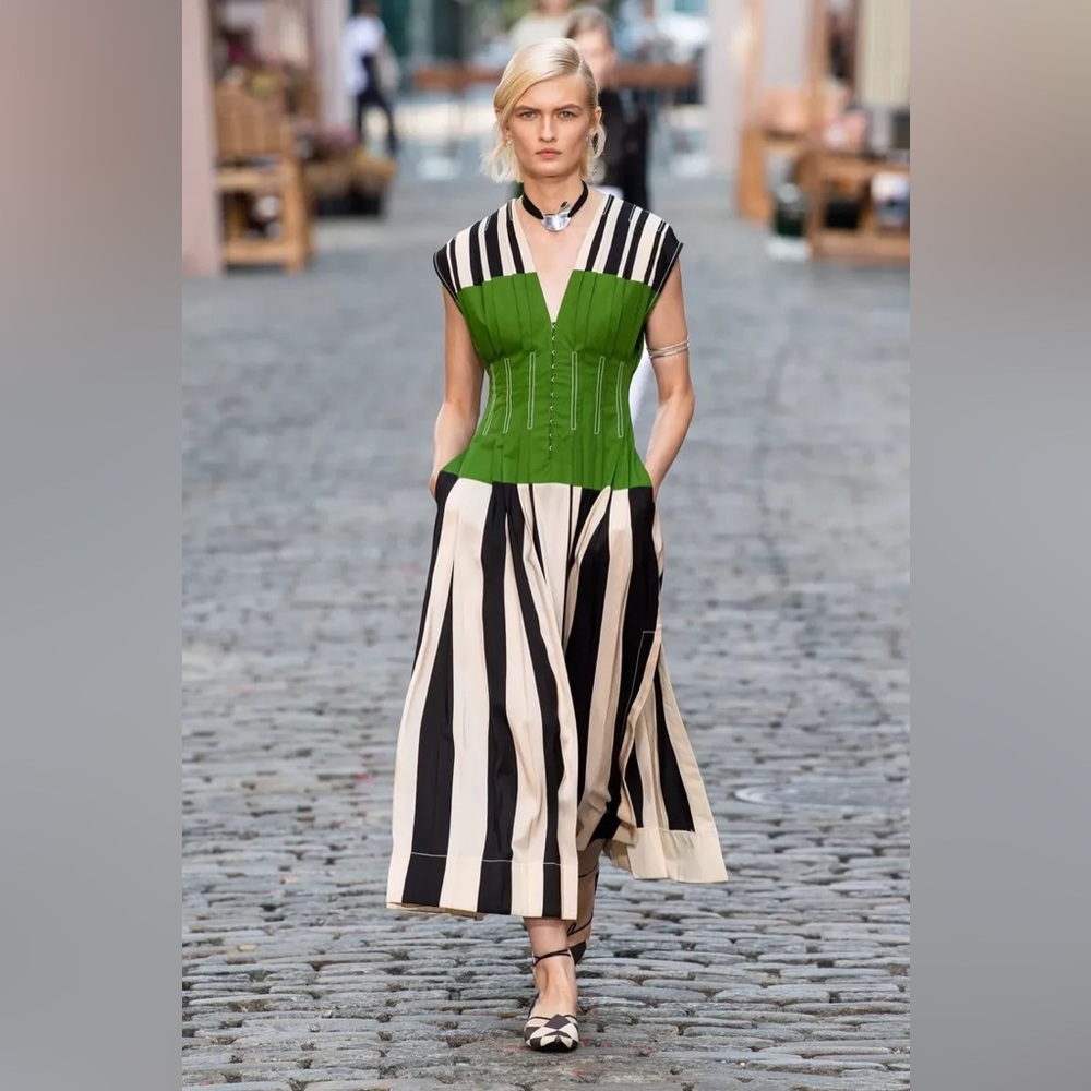 Tory Burch Spring Runway ‘22 Green, Striped Fit-and-Flare Midi Dress